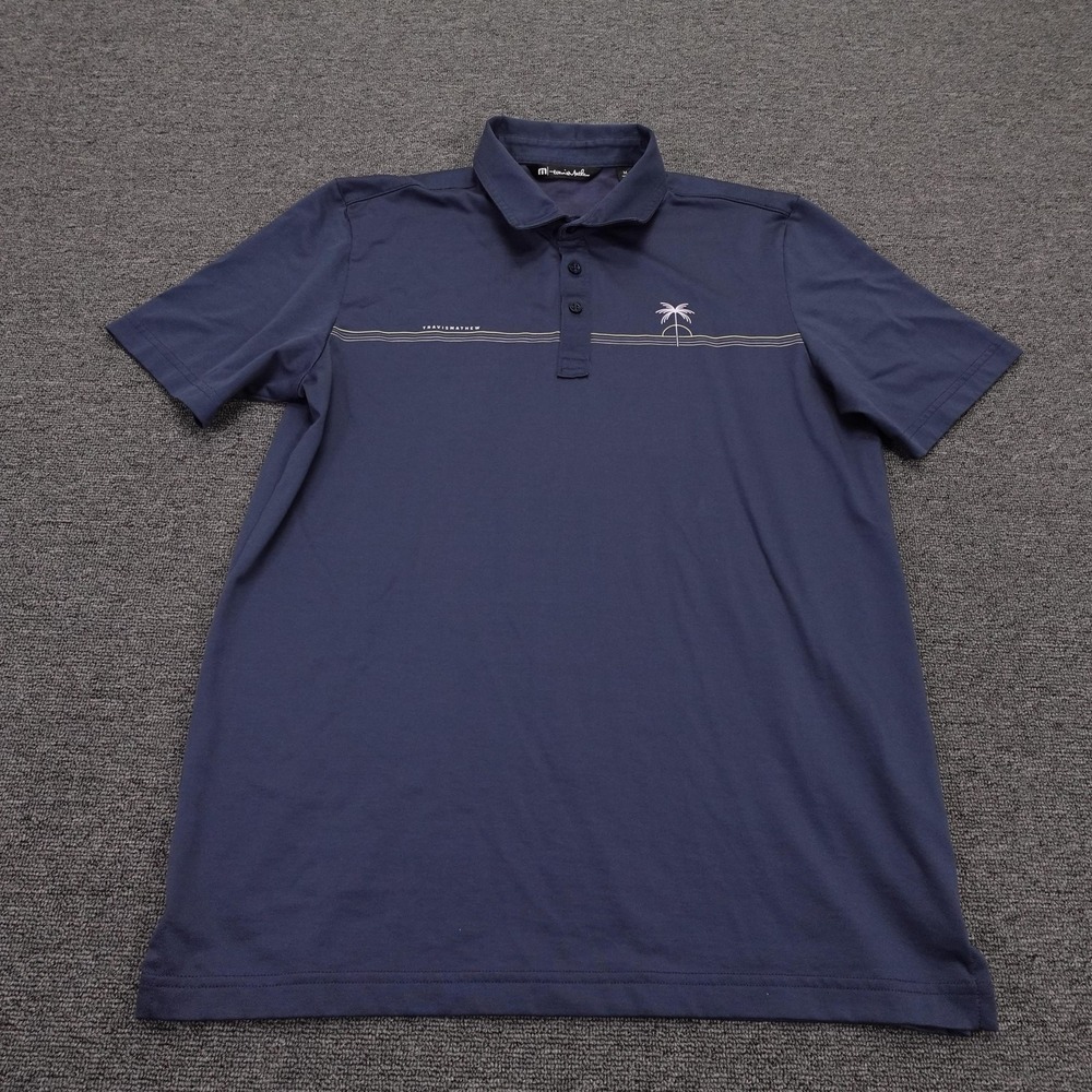 TravisMathew Polo Shirt Mens Medium Blue Palm Tree Striped Golf Performance